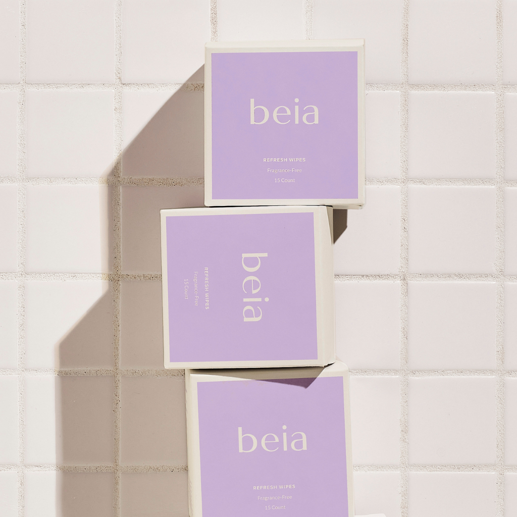 tile flooring with packaged beia refresh wipes for women stacked on eachother