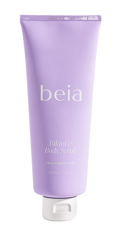 A lavender purple squeeze tube of beia Bikini & Body Scrub Fragrance Free, 250ml, with a white flip-top cap, centered on a solid white background.